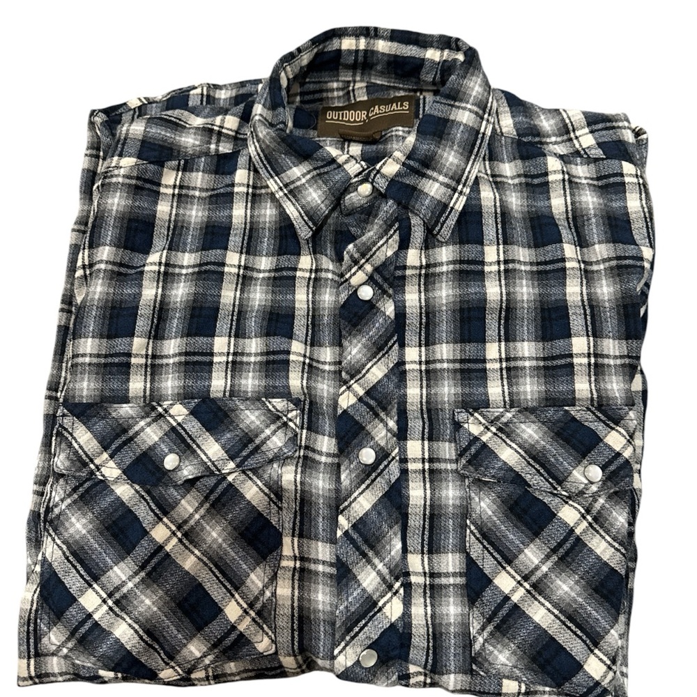 Men's Outdoors Casuals Plaid‎ Snap Pearl Button Up Long Sleeve XLT Blue White